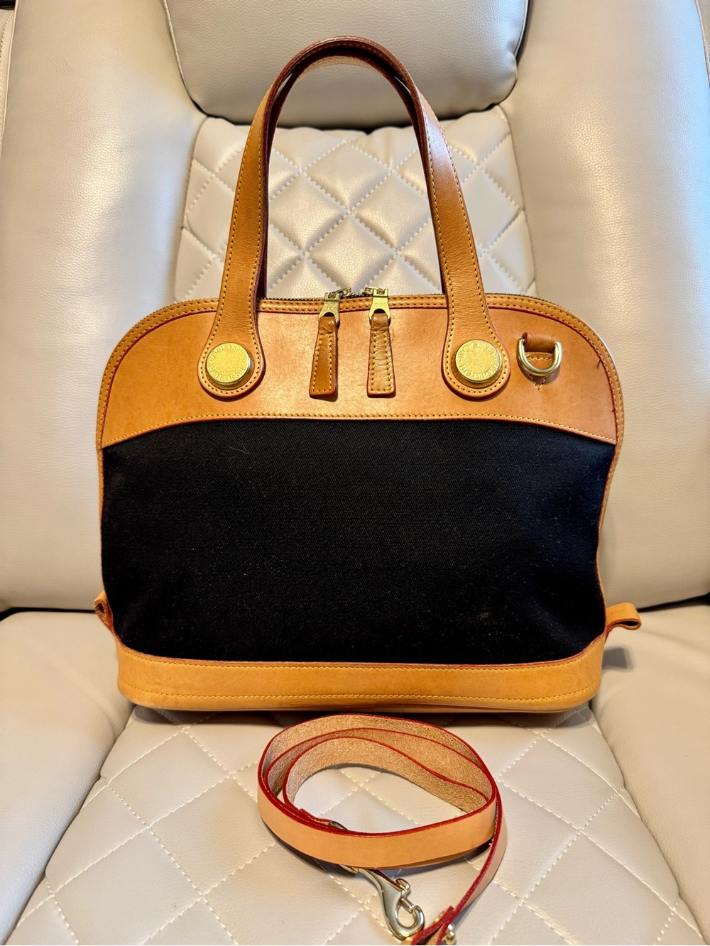 Dooney & Bourke Black Canvas Satchel with Tan Leather Trim